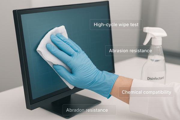 Image of a lab technician wiping a medical display surface vigorously during a durability test