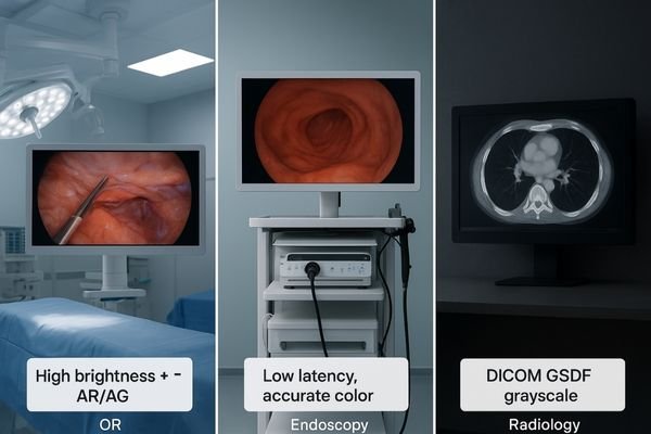 A collage of three distinct clinical environments: a bright operating room, an endoscopy suite, and a radiologist's dark reading room, each featuring a specialized medical display.