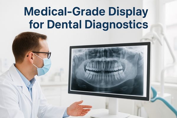 Dentist reviewing a detailed panoramic dental X-ray on a bright, high-resolution medical-grade display in a modern dental clinic
