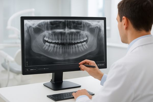 An image of a dentist reviewing a detailed panoramic dental X-ray on a large, high-resolution medical-grade display in a brightly lit clinic.