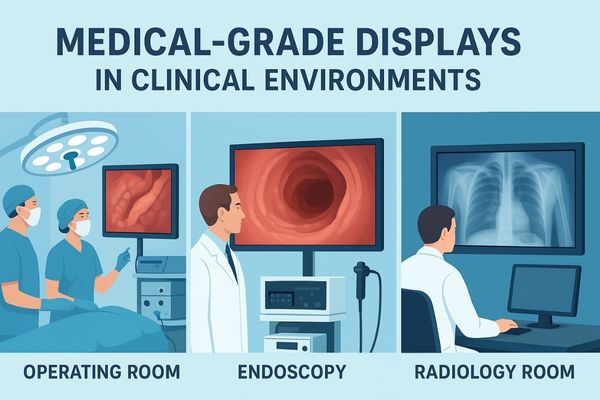 A digital illustration showing three clinical environments — an operating room, an endoscopy suite, and a radiology reading room — each featuring a specialized medical-grade display.