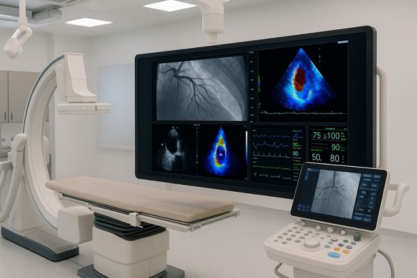 High-resolution image of a modern cardiac catheterization lab with a large 8MP medical-grade monitor displaying multi-modality cardiac imaging, including fluoroscopy, 3D mapping, and patient vitals, in a bright clinical setting.
