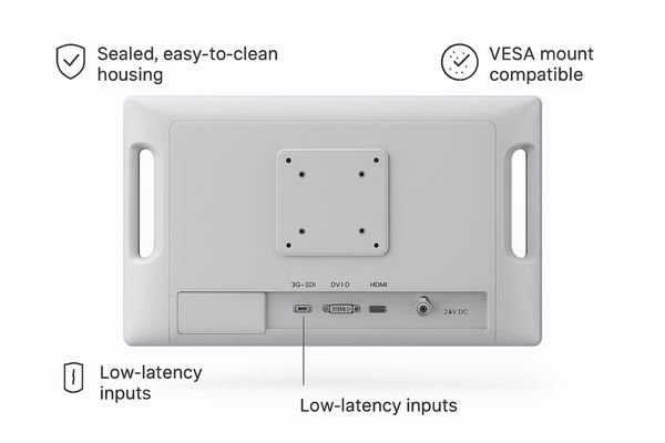 A photo showing the back of a medical-grade monitor, highlighting its robust, sealed design, multiple input ports (SDI, HDMI), and VESA mount.