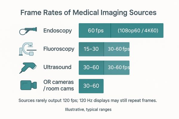 An infographic showing typical frame rates for different medical imaging modalities like Endoscopy (60 fps), Fluoroscopy (30 fps), and Ultrasound (30-60 fps).