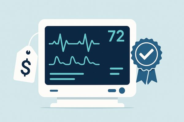 A visual of a medical monitor with a price tag on one side and a quality standards certificate on the other