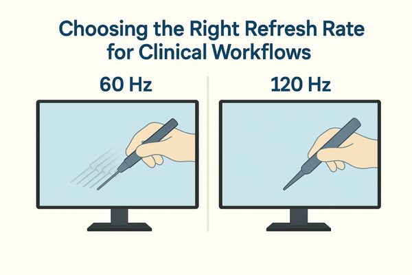 Comparison of 60 Hz and 120 Hz medical monitors showing motion blur reduction, with smoother surgical tool movement on 120 Hz side.
