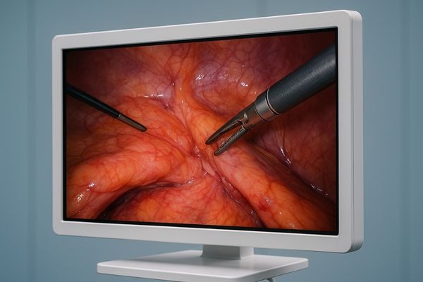A sharp, clear image on a surgical display showing an endoscopic procedure in progress