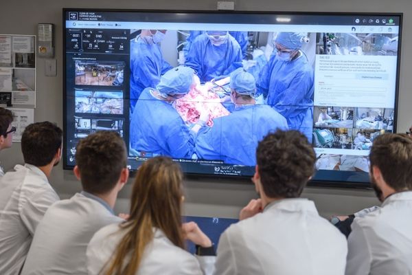 A large group of medical students attentively watching a surgical procedure on a large-format 4K display