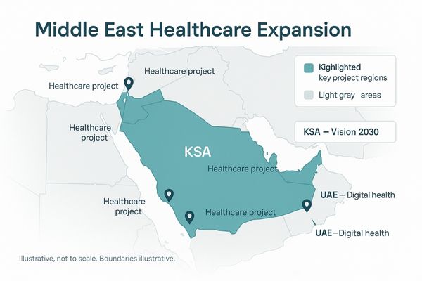 An infographic map of the Middle East highlighting key healthcare project locations in KSA and UAE.