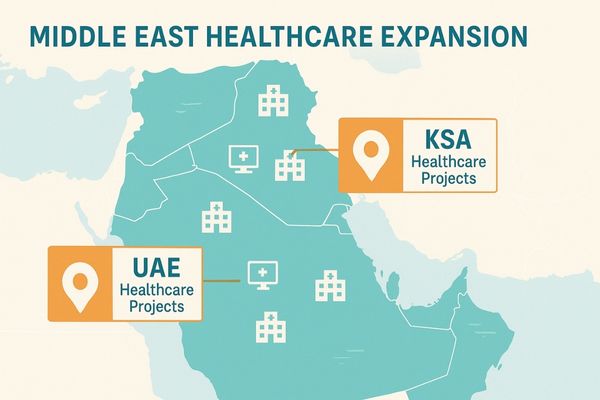 Infographic map of the Middle East highlighting healthcare expansion projects in Saudi Arabia and the UAE, featuring hospitals, PACS reading rooms, 4K surgical displays, and diagnostic imaging technology.