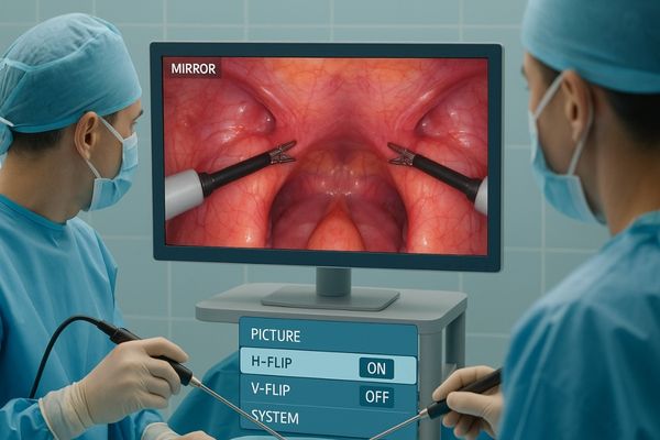 Surgeon adjusting an endoscopic surgical monitor with mirror mode enabled, displaying a horizontally flipped view to match hand movements and improve surgical precision in a bright operating room.