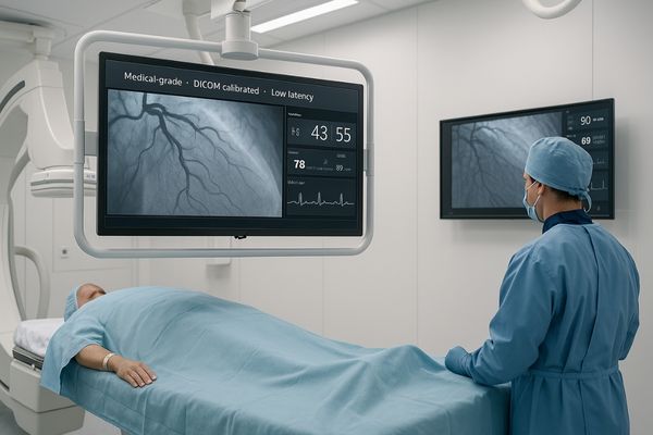 Modern cardiac catheterization lab with large-screen medical displays