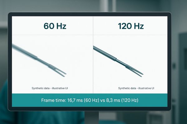 An animated comparison showing a surgical tool moving across a 60 Hz screen versus a 120 Hz screen, with smoother motion and less blur on the 120 Hz side.