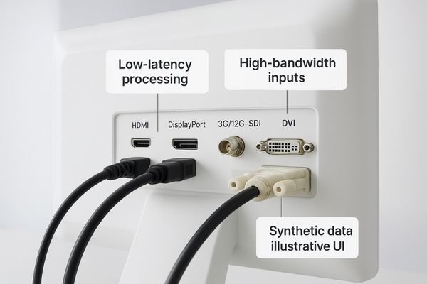 The rear panel of a surgical monitor displaying a variety of high-bandwidth inputs, including SDI, HDMI, and DisplayPort, connected to surgical equipment.