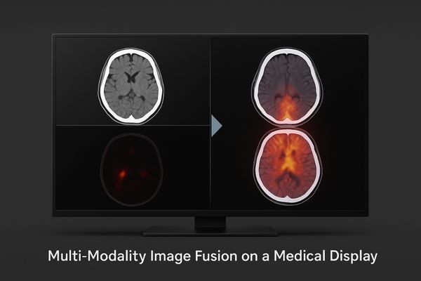 Multi-modality image fusion displayed on a medical monitor showing separate PET and CT scans on the left and a fused PET-CT brain scan on the right for precise diagnostic interpretation.