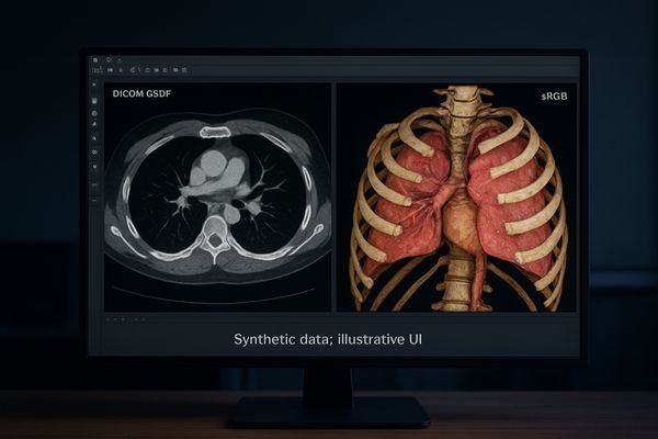 A large diagnostic monitor in split-screen mode, showing a grayscale CT scan on one side and a color 3D rendering of the same anatomy on the other.