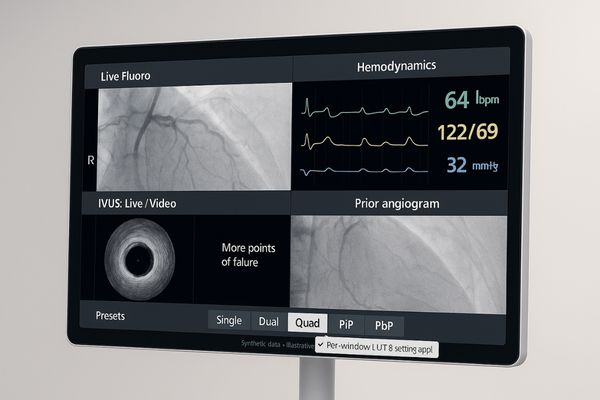 A large surgical display showing a clean quad-view layout with live fluoro, hemodynamics, IVUS, and a prior angiogram in separate, clearly defined windows.