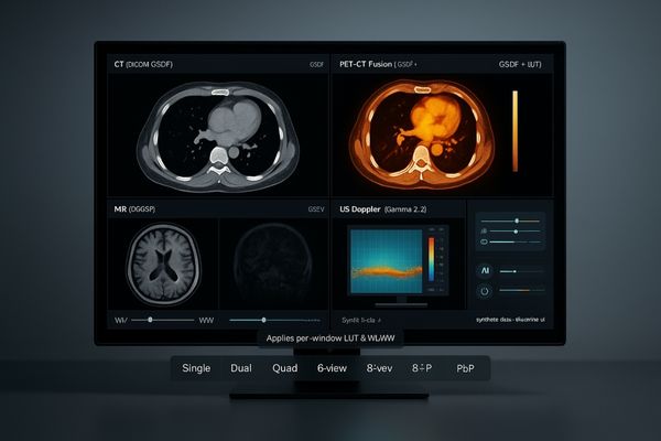 A user interface showing a monitor with one-touch buttons to switch between quad-view, PIP, and PBP layouts.