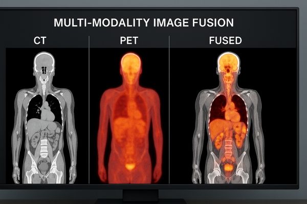 A split-screen image showing separate CT and PET scans on the left and a fused PET-CT image on the right