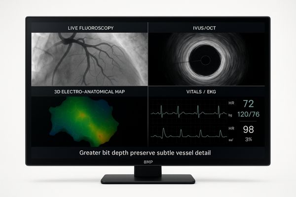 Single large monitor displaying four different medical imaging sources clearly