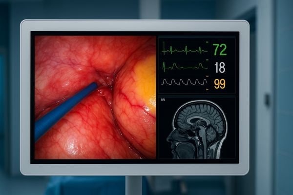 A medical display showing a multi-window layout with an endoscopic feed, patient vitals, and an MRI scan visible at the same time
