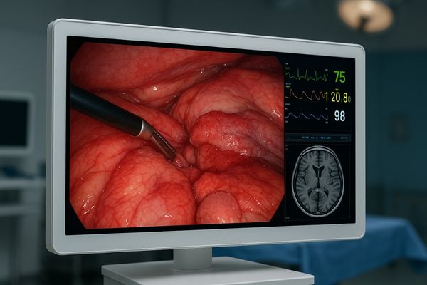 A surgical monitor with a large endoscopic view and smaller inset windows showing patient vitals and a pre-operative MRI