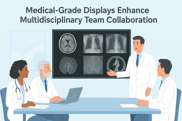 “Multidisciplinary medical team consulting around a high-resolution medical display, showing consistent diagnostic images for collaboration and patient care improvement, 16:9 infographic style”