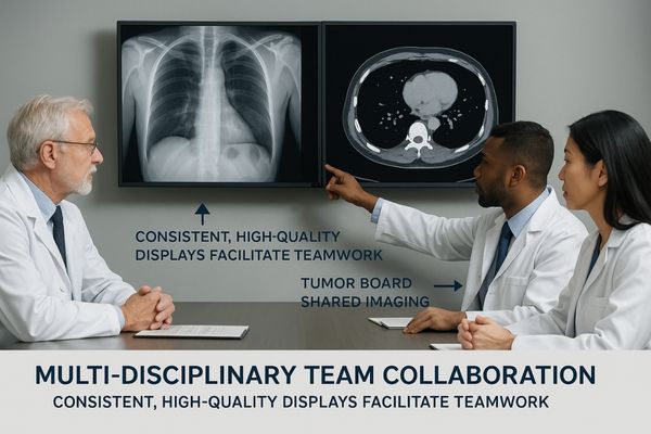 A team of doctors in a tumor board meeting discussing a case shown on a large, dual-screen monitor