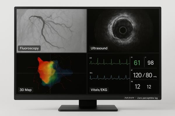 Large 8MP monitor displaying four different imaging modalities in quadrants