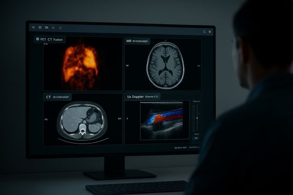 A multimodality diagnostic workstation showing PET-CT fusion images alongside MR and ultrasound scans on a single large display.