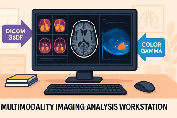 Multimodality diagnostic workstation with a large medical-grade display showing CT, MRI, PET-CT, and ultrasound images side by side in a bright radiology reading room, ensuring accurate grayscale and color rendering.