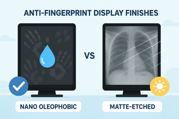 Side-by-side comparison of nano oleophobic and matte-etched anti-fingerprint display finishes for medical monitors, showing smudge resistance and glare reduction