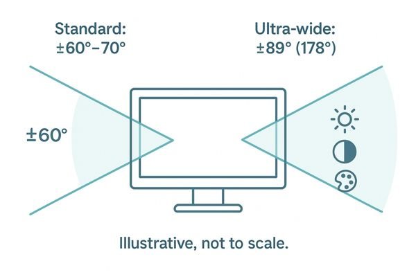 A diagram illustrating the viewing cone of a standard display (e.g., ±60°) versus the much wider cone of an ultra-wide angle display (±89°).