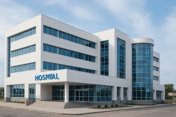 A newly constructed modern hospital building in a developing nation