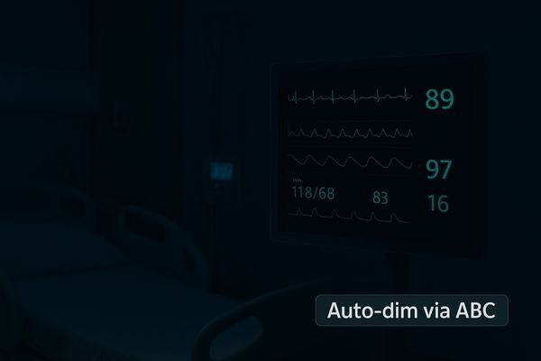An image of a monitor in a dimly lit ICU at night, its brightness comfortably matched to the low ambient light