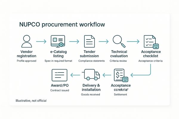 A flowchart illustrating the NUPCO procurement process, from vendor registration to final delivery.