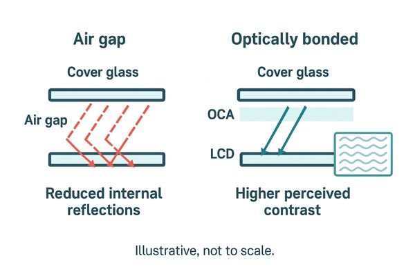 A cross-section diagram showing the layers of a display with an air gap vs. one with optical bonding, illustrating how bonding eliminates internal reflections.