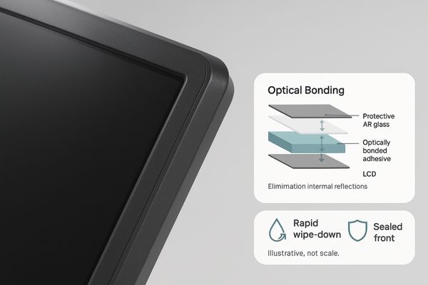 A close-up shot of a surgical display's edge, showing the seamless flat front glass and a diagram illustrating how optical bonding eliminates internal reflections.
