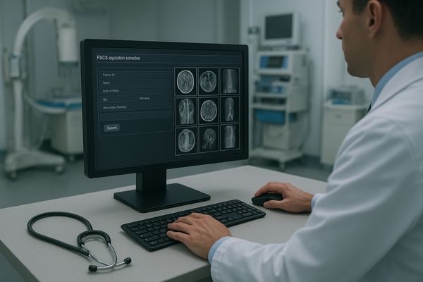 Hospital PACS acquisition workstation with medical display showing CT, MRI, and X-ray images