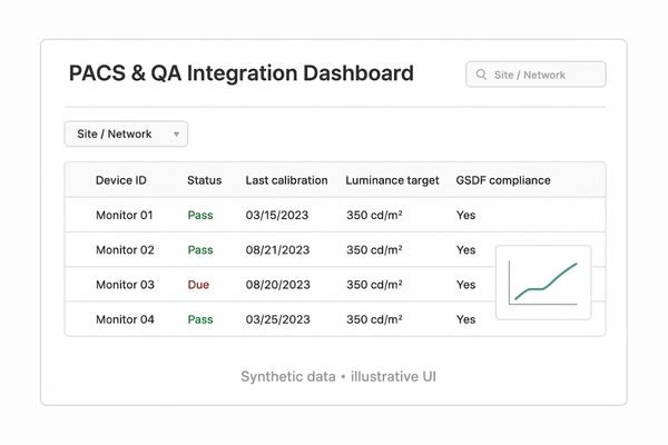 A screenshot of a quality assurance software dashboard, showing the calibration status and history of multiple diagnostic monitors across a hospital network.
