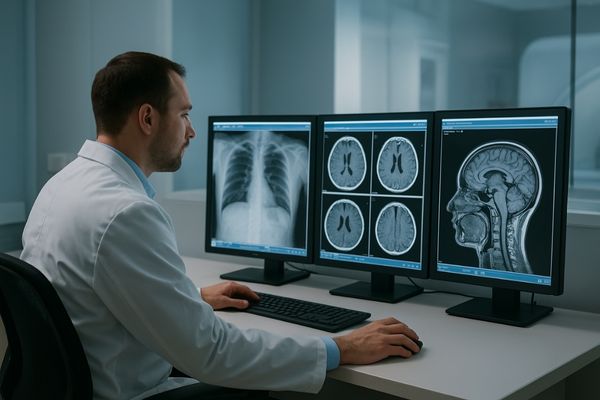 Hospital PACS workstation with diagnostic monitors displaying X-ray, CT, and MRI images
