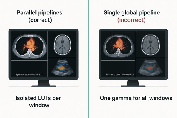 A split-screen comparison showing a PET-CT image on a monitor with parallel pipelines (correct) vs. one with a single pipeline (incorrect color/grayscale).