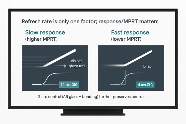 An animated graphic showing pixel transitions. One side shows a fast response time with sharp edges, the other side shows a slow response time with a ghosting trail.