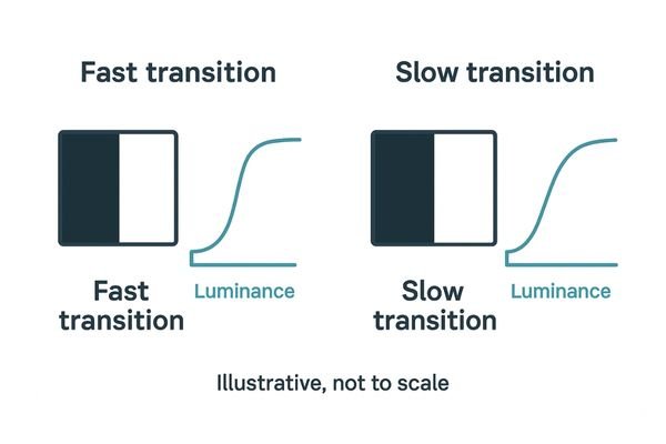 A diagram showing a single pixel transitioning quickly from black to white versus a slow transition that creates a gray trail