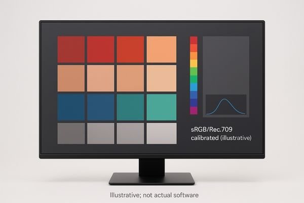 An image showing a color palette on a calibrated medical display, demonstrating rich, accurate reds, blues, and skin tones.