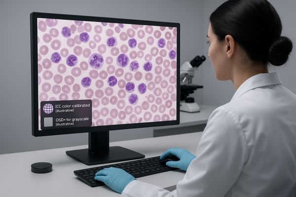 An image of a hematology lab with a technician closely examining a digital blood smear on a high-resolution, color-calibrated medical-grade display