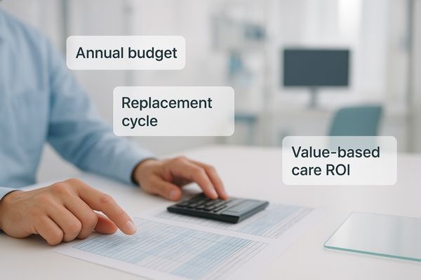 Image of a hospital administrator reviewing a budget with medical equipment in the background