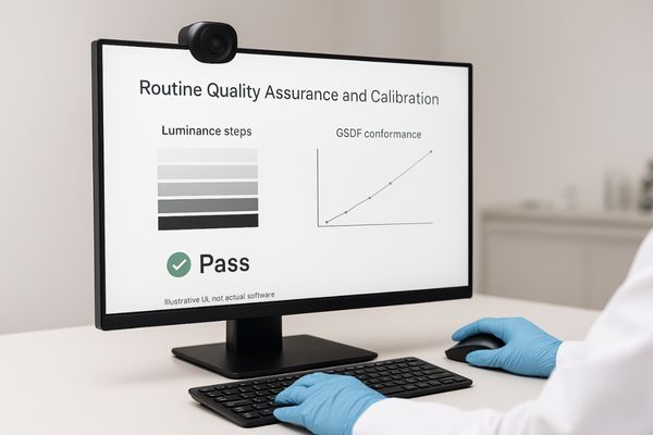 A lab technician performing a quality assurance test on a medical display using a calibration sensor and software