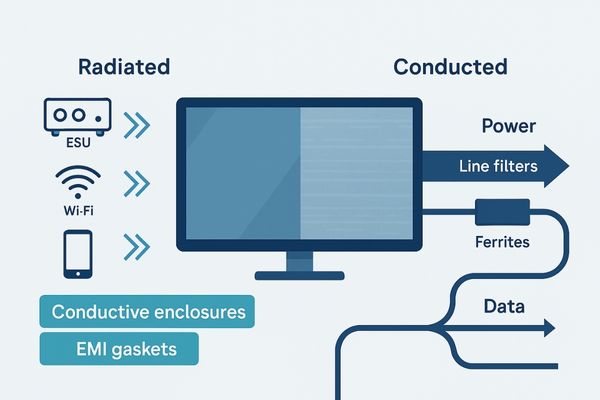 Diagram showing radiated and conducted EMI pathways to a monitor