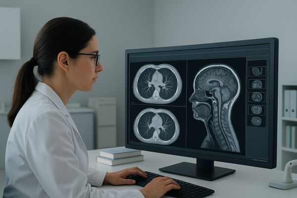 Radiologist analyzing MRI brain images on diagnostic display